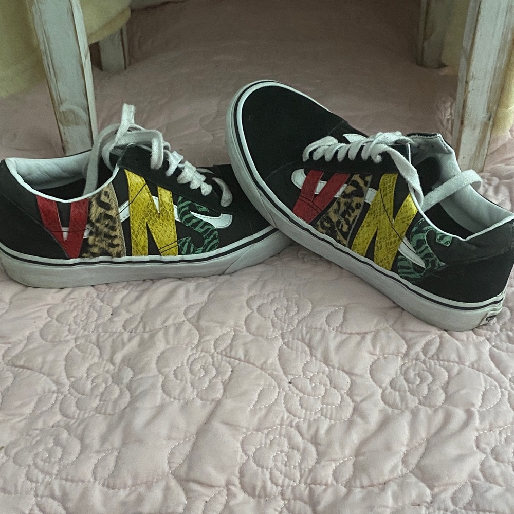 Vans Black Low-Top Sneakers with Red, Yellow, Green and Leopard Accents